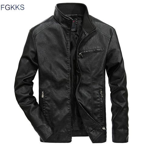 FGKKS Brand Warm Men Leather Jacket Mens Leather Motorcycle Standing Collar Motorcycle Style Men's Leather Jackets