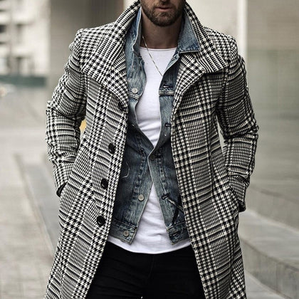 Korean Men Coats Overcoat Male Winter Warm Clothes Wool Outwear Long Black White Plaid Blends Male Coat Plus Size